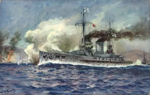 Künstler Ak Bohrdt, Deutsches Kriegsschiff, SMS Goeben, Linienschiff, SMS Breslau, kleiner Kreuzer