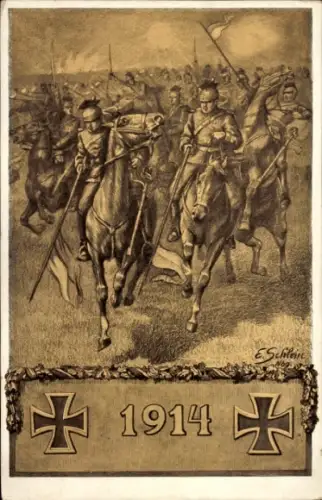 Künstler Ak Deutsche Soldaten in Uniformen, Ulanen im Einsatz, I. WK