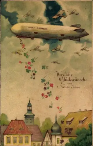 Ak Glückwunsch Neujahr, Zeppelin, Blumen, Häuser
