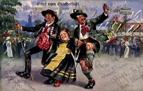 Künstler Ak Schlemo, E., München, Oktoberfest, Münchner Kindl, Feiernde in Trachten