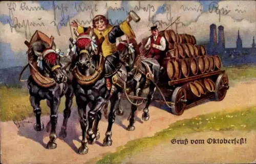 Künstler Ak Schlemo, E., Oktoberfest, Münchner Kindl, Bierwagen, Pferde, Mathäserbräu
