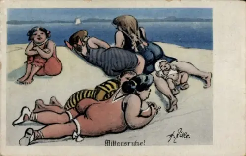 Künstler Ak Mittagsruhe, Menschen am Strand, Bademode