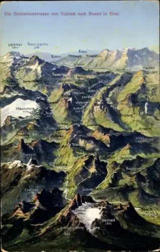 Ak Bozen Bolzano Südtirol, Vollständige Darstellung der Dolomitenstraße, Beschriftete Berge und O