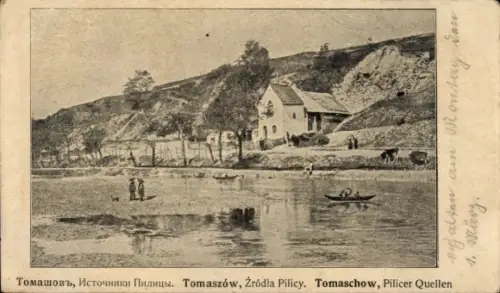 Ak Tomaszów Polen, Ausschnitt eines Flusses, Häuser, Bäume, Menschen, Boot