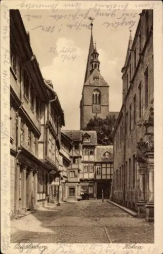 Ak Quedlinburg, Hoken, Fachwerkhäuser, Kirchturm