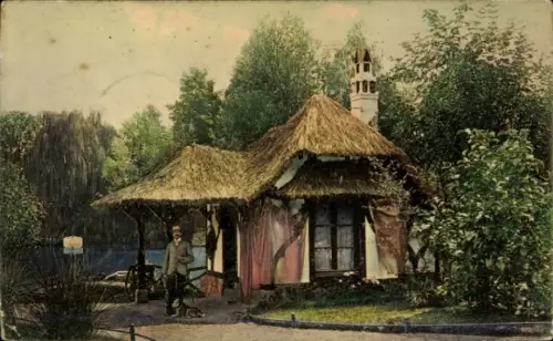 Ak Strasbourg Straßburg Elsass Bas Rhin, Haus mit Strohdach, Mann mit Hund, Baum, Wasser im Hinte