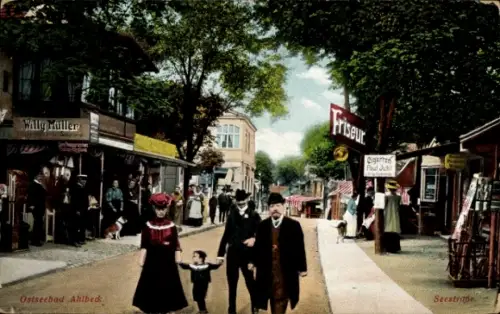 Ak Ostseebad Ahlbeck auf Usedom, Seestraße, Friseur, Geschäfte