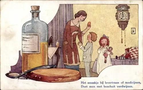 Künstler Ak Werbung, Medikament, Flasche, Löffel, Kinder, Puppen, Uhr