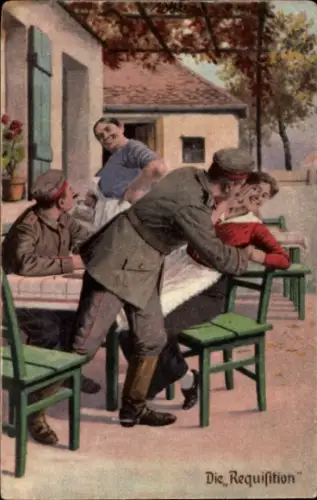 Künstler Ak Die Requisition, Soldaten mit Frauen vor dem Wirtshaus, Kuss, Immer Fachmann, I. WK