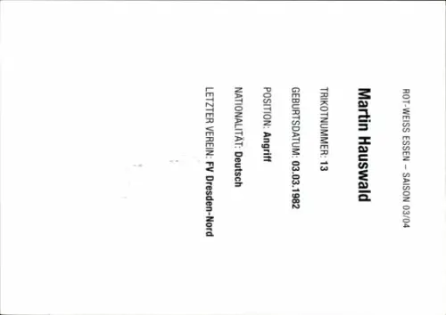 Autogrammkarte Fußballer Martin Hauswald, Rot Weiss Essen, Autogramm