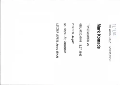 Autogrammkarte Fußballer Mark Komade, Rot Weiss Essen, Autogramm