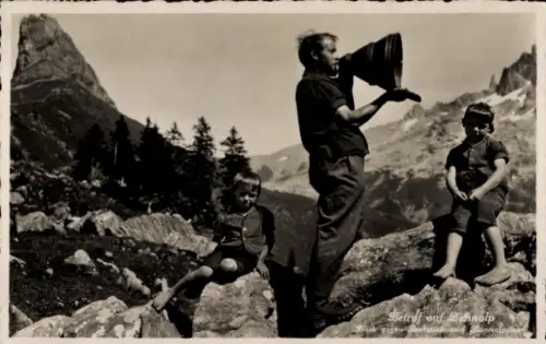 Ak Bannalp Kanton Nidwalden Schweiz, Betruf, Mann mit Sprachrohr, zwei Jungen