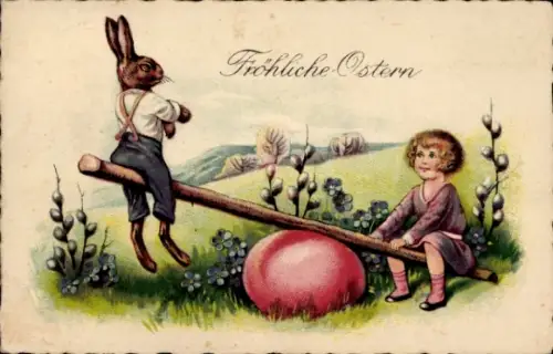 Ak Glückwunsch Ostern, Osterhase und Mädchen auf der Wippe, Osterei