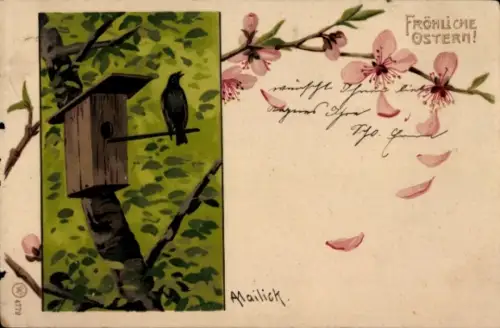 Künstler Ak Mailick, Glückwunsch Ostern, Vogelhaus