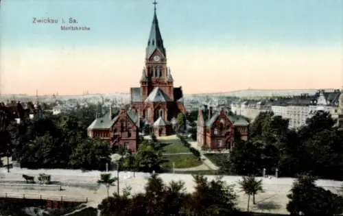 Ak Zwickau in Sachsen, Blick auf die Stadt und Moritzkirche