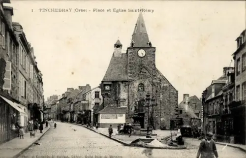 Ak Tinchebray Orne, Historische Straße, Kirche Saint Rémy, alte Architektur, malerisches Dorf