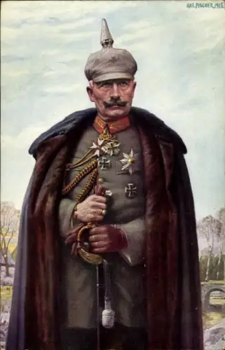 Künstler Ak Fischer, Art., Kaiser Wilhelm II., Portrait in Uniform, Mantel, Pickelhaube