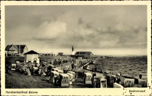 Ak Nordseebad Büsum, Nordseeheilbad  Badestrand, Seebrücke, Strandkörbe, Leuchtturm