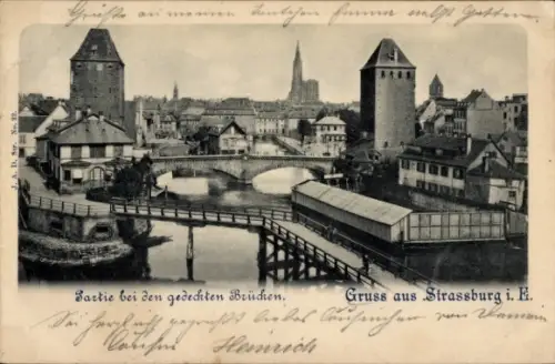 Ak Straßburg Elsass Bas Rhin, Stadtbild mit gedeckten Brücken