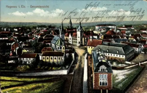 Ak Haguenau Hagenau im Elsass Bas Rhin, Gesamtansicht von  Kirchen, Häuser, Straßen