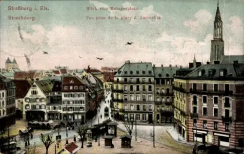 Ak Strasbourg Straßburg Elsass Bas Rhin, Blick vom Metzgerplatz, Straßburger Gebäude, Kirchturm, 