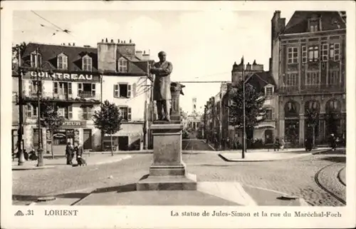 Ak Lorient Morbihan, Statue von Jules-Simon, Straße Maréchal-Foch, Stadtansicht, GORTREAU