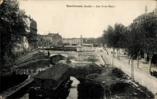 Ak Narbonne Aude,  Les Trois Pents, Brücke, Wasser, Gebäude