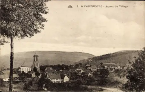 Ak Wangenbourg Wangenburg Elsass Bas Rhin, Vorderansicht von  Kirche, Häuser, ländliche Landschaf
