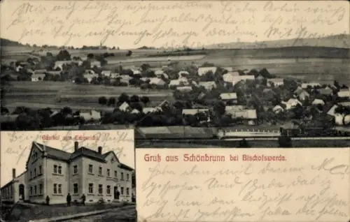 Ak Schönbrunn Bischofswerda in Sachsen, Landschaft mit Häusern, Zug, Gruß aus Schönbrunn, Bischof