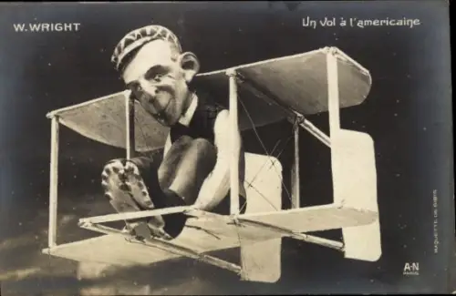 Ak Flugzeug von W. Wright, Flugpionier, Karikatur