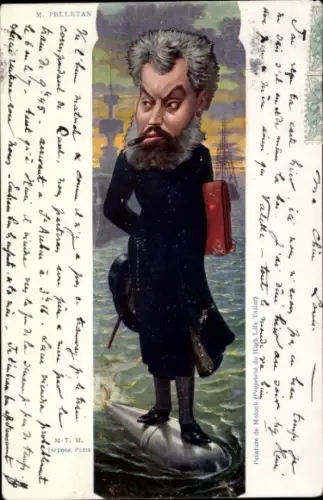 Künstler Ak Sirat, Camille Pelletan, Minister der Marine, Portrait auf einem Torpedo, Karikatur