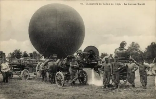 Ak Manövrieren des Belagerungsballons, der Windenwagen