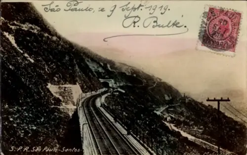 Ak São Paulo Brasilien, Eisenbahnlinie, Berglandschaft, Poststempel, handschriftlicher Text