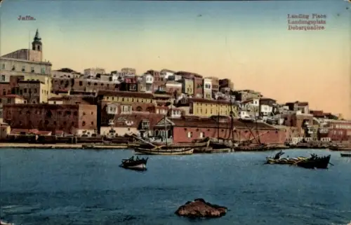 Ak Tel Aviv Jaffa Israel,  Landungsplatz, Hafenansicht, Boote, Häuser