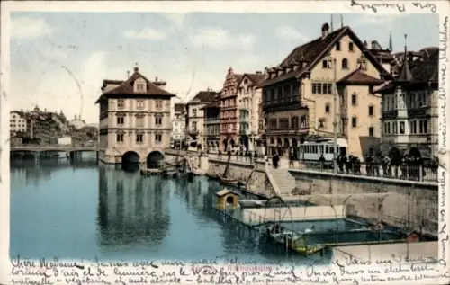 Ak Zürich Stadt Schweiz, Stadtansicht, Wasser, Gebäude, Tram, farbig