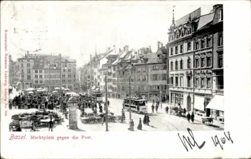 Ak Basel Bâle Stadt Schweiz,  Marktplatz, Marktstände, Straßenbahn,  Gebäude
