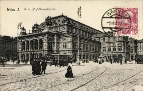Ak Wien 1 Innere Stadt, Wien I, K. k. Hof-Operntheater, Straßenbahn, Menschen auf der Straße