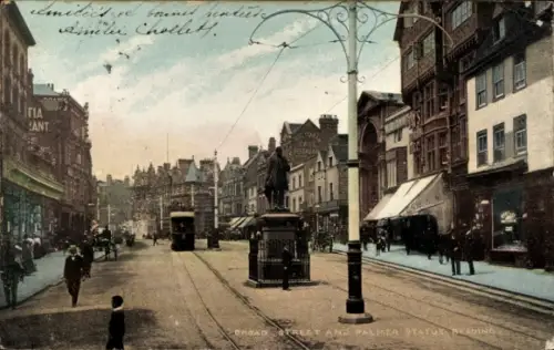 Ak Reading Berkshire England, Blick auf Broad Street, Palmer Statue, Straßenbahn, Geschäfte