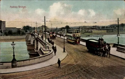 Ak Putney London England,  Brücke, Straßenbahn, Fluss, Menschen, Fahrzeuge