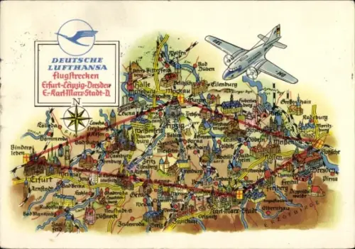 Ak Deutsche Lufthansa, Flugstrecken Erfurt Leipzig Dresden Karl Marx Stadt
