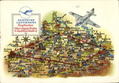 Ak Deutsche Lufthansa, Flugstrecken Erfurt Leipzig Dresden Karl Marx Stadt