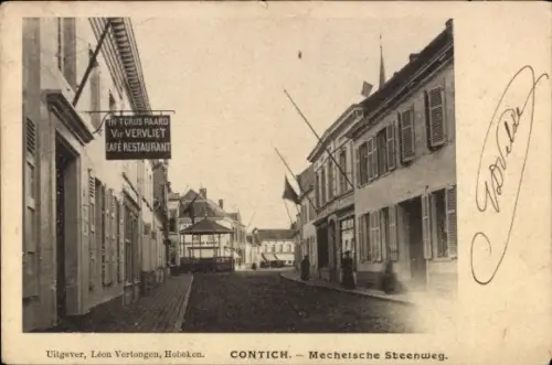 Ak Contich Kontich Flandern Antwerpen, Mechelsche Steenweg, Café Restaurant, Schild, Straßenansic