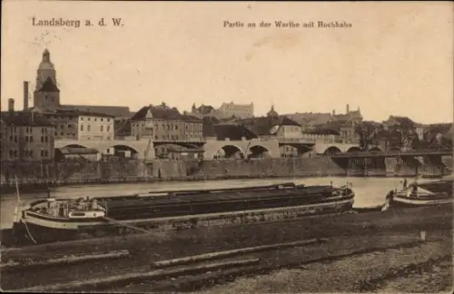 Ak Gorzów Wielkopolski Landsberg an der Warthe Ostbrandenburg,  Partie an der Warthe, Hochbahn, F