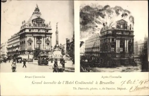 Ak Bruxelles Brüssel, Brand Hotel Continental, Vorher-Nachher,  17. Okt. 1919