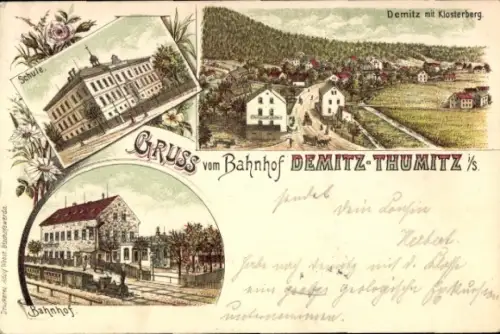 Litho Demitz Thumitz in Sachsen, Klosterberg, Bahnhof, Schule