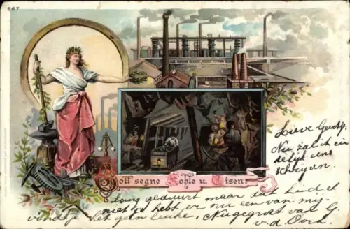 Litho Gott segne Kohle und Eisen, Bergwerk, Bergleute