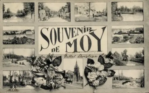 Ak Moÿ de l'Aisne,  mit Landschafts- und Stadtansichten, floralem Motiv, nostalgischer Stil