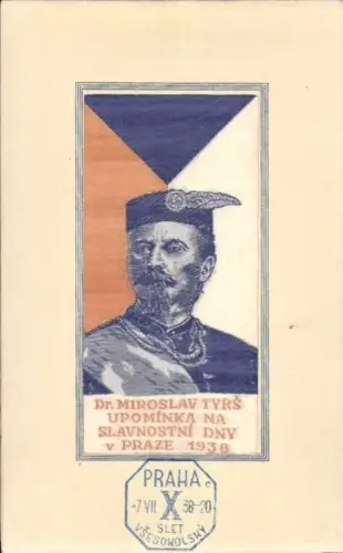 Seiden Ak Dr. Miroslav Tyrš, Mitbegründer d. tschechischen Turnerbewegung Sokol, Feiertage Prag 1938