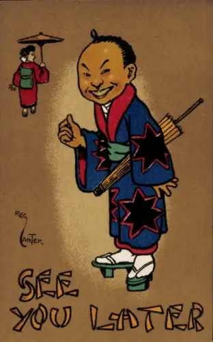 Künstler Ak Carter, Reg, See you later, Japaner mit Schirm und Holzsandalen