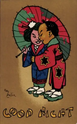 Künstler Ak Carter, Reg, Good Night, Japanisches Paar, Papierschirm